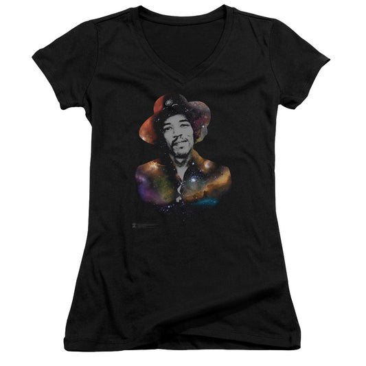 Jimi Hendrix Cosmic Jimi Junior Sheer Cap Sleeve V-Neck Womens T Shirt Black