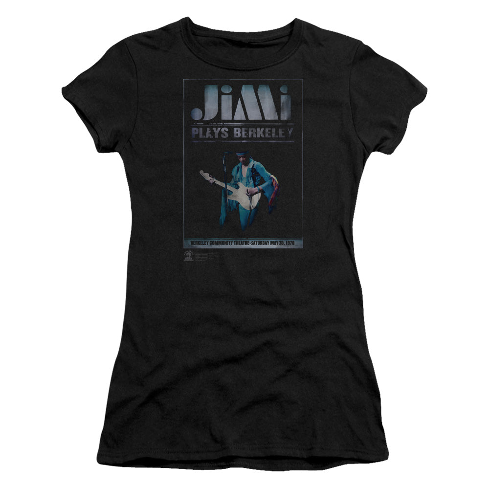 Jimi Hendrix Jimi Plays Poster Junior Sheer Cap Sleeve Womens T Shirt Black