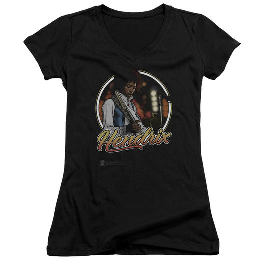 Jimi Hendrix Hollywood Bowl Junior Sheer Cap Sleeve V-Neck Womens T Shirt Black