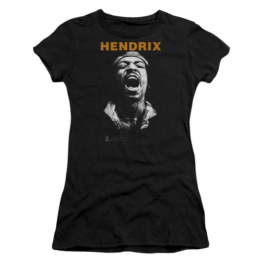 Jimi Hendrix Listen Junior Sheer Cap Sleeve Womens T Shirt Black