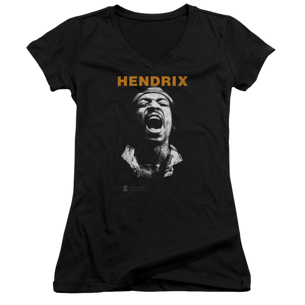 Jimi Hendrix Listen Junior Sheer Cap Sleeve V-Neck Womens T Shirt Black