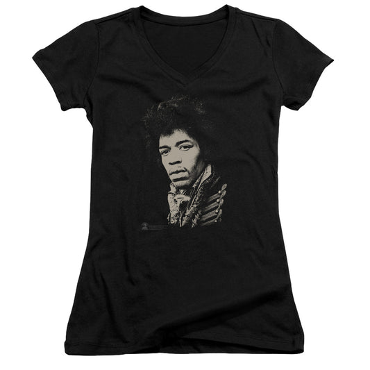 Jimi Hendrix Classic Jimi Junior Sheer Cap Sleeve V-Neck Womens T Shirt Black