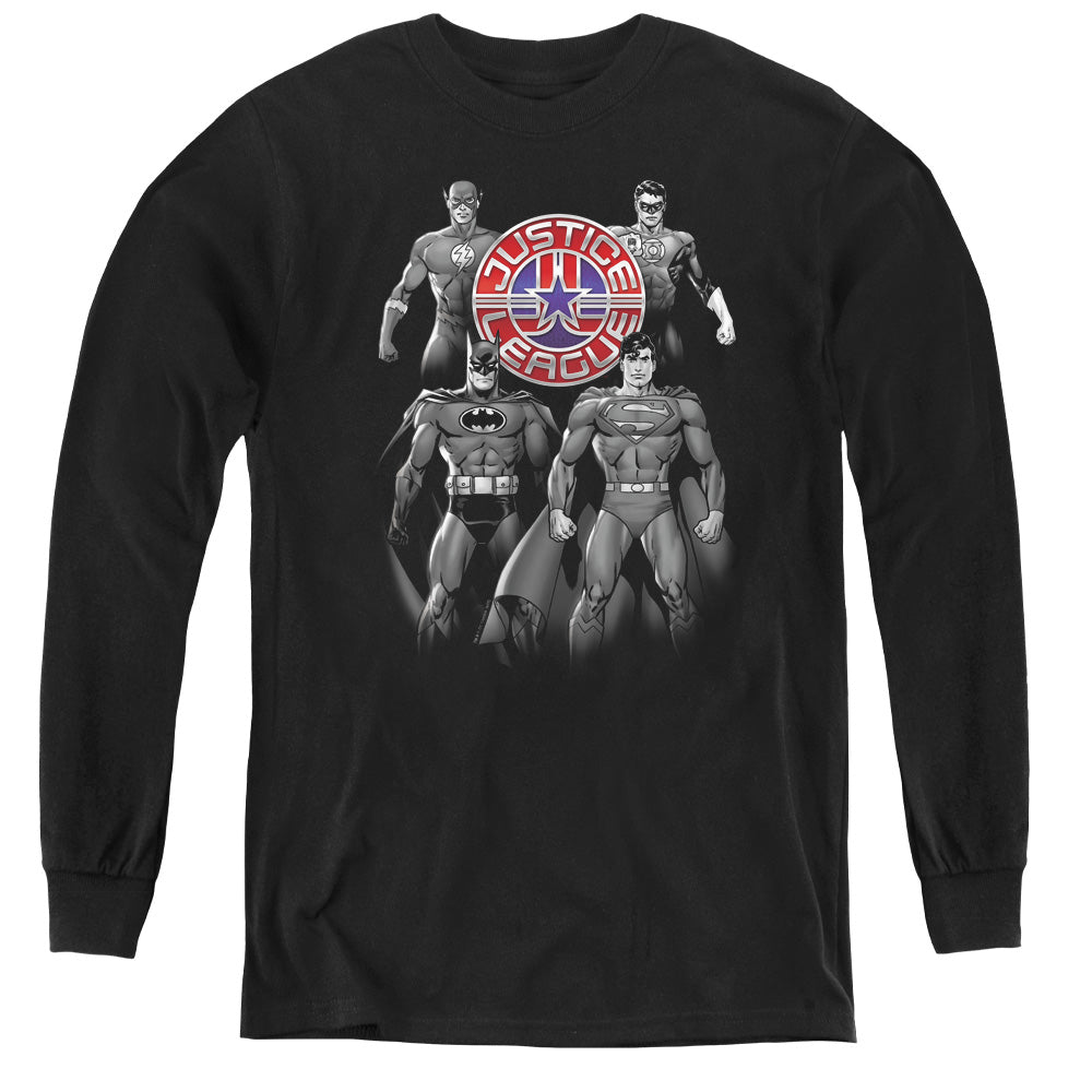 Justice League Shades of Gray Long Sleeve Kids Youth T Shirt Black