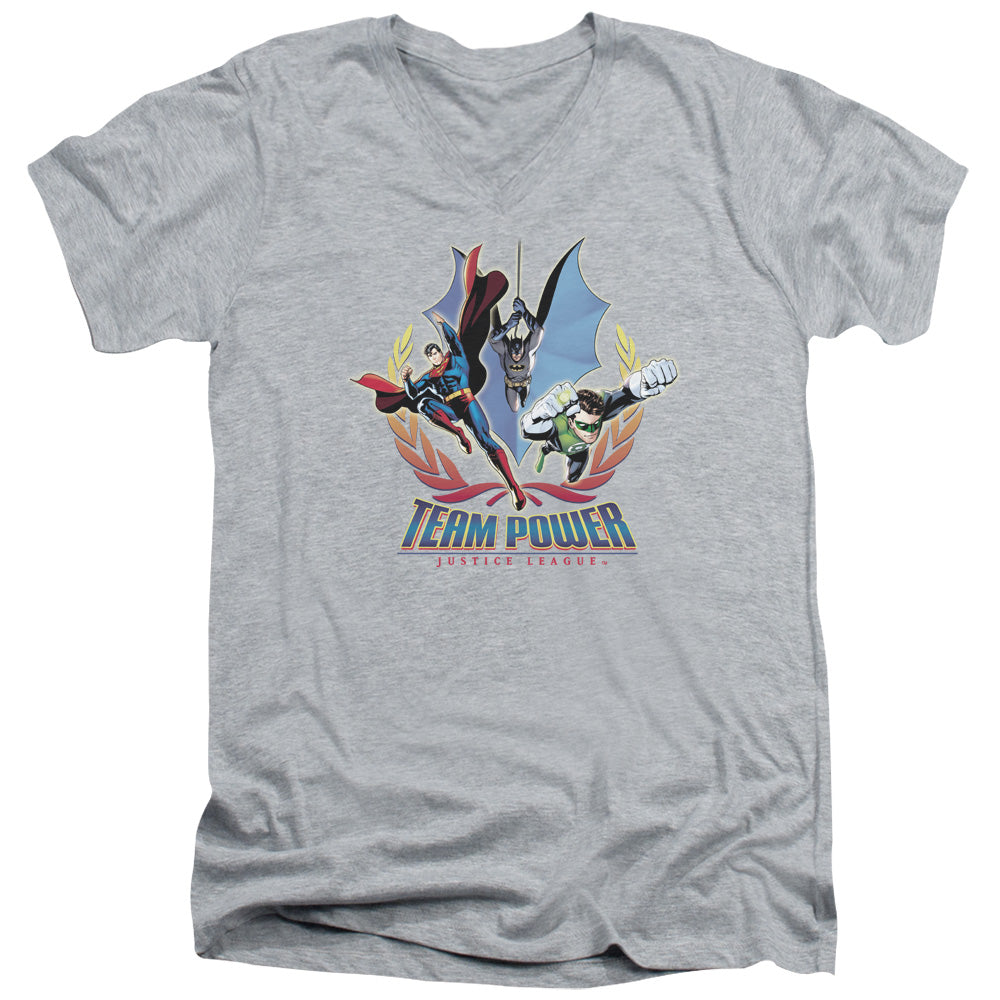 Justice League Team Power Mens Slim Fit V-Neck T Shirt Athletic Heather