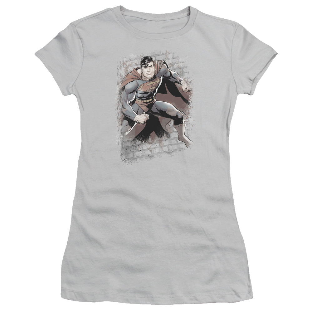 Justice League Superman Bricks Junior Sheer Cap Sleeve Womens T Shirt Silver