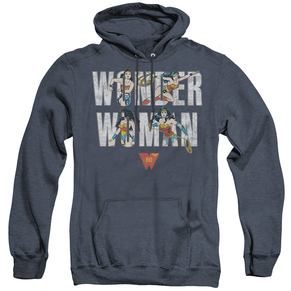 Wonder Woman Ww 80Th Illustrated Type Mens Heather Hoodie Navy