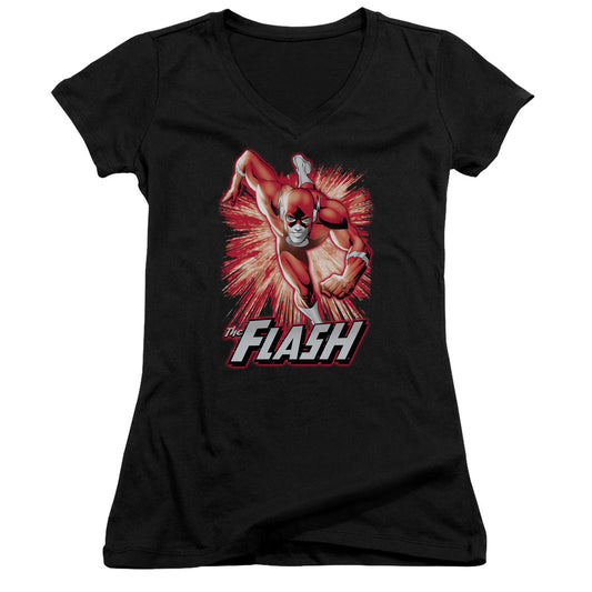 Justice League Flash Red & Gray Junior Sheer Cap Sleeve V-Neck Womens T Shirt Black