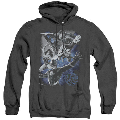 Justice League Of America Galactic Attack Nebula Mens Heather Hoodie Black Officially Licensed