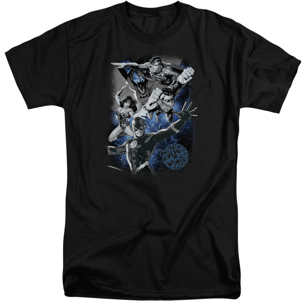Justice League Of America Galactic Attack Nebula Mens Tall T Shirt Black Officially Licensed