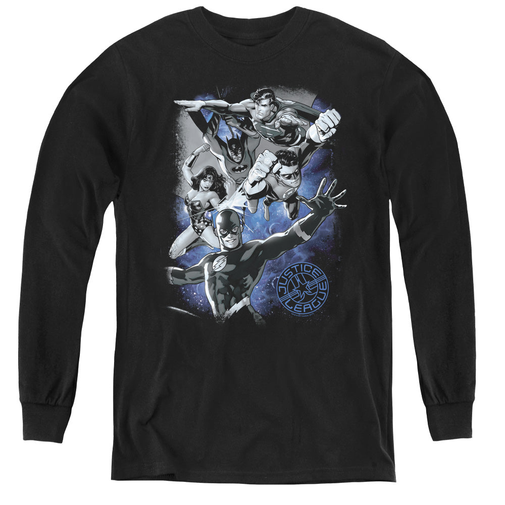 Justice League Galactic Attack Nebula Long Sleeve Kids Youth T Shirt Black