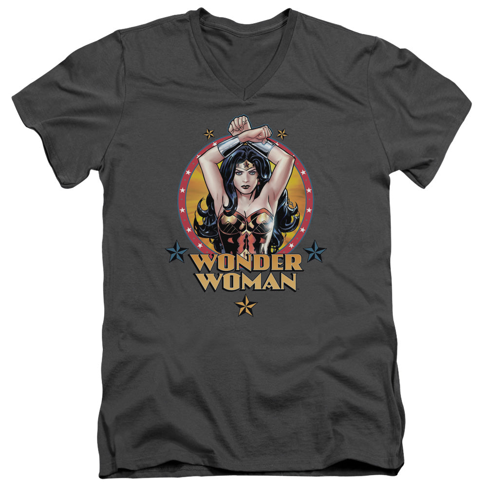 Justice League Powerful Woman Mens Slim Fit V-Neck T Shirt Charcoal