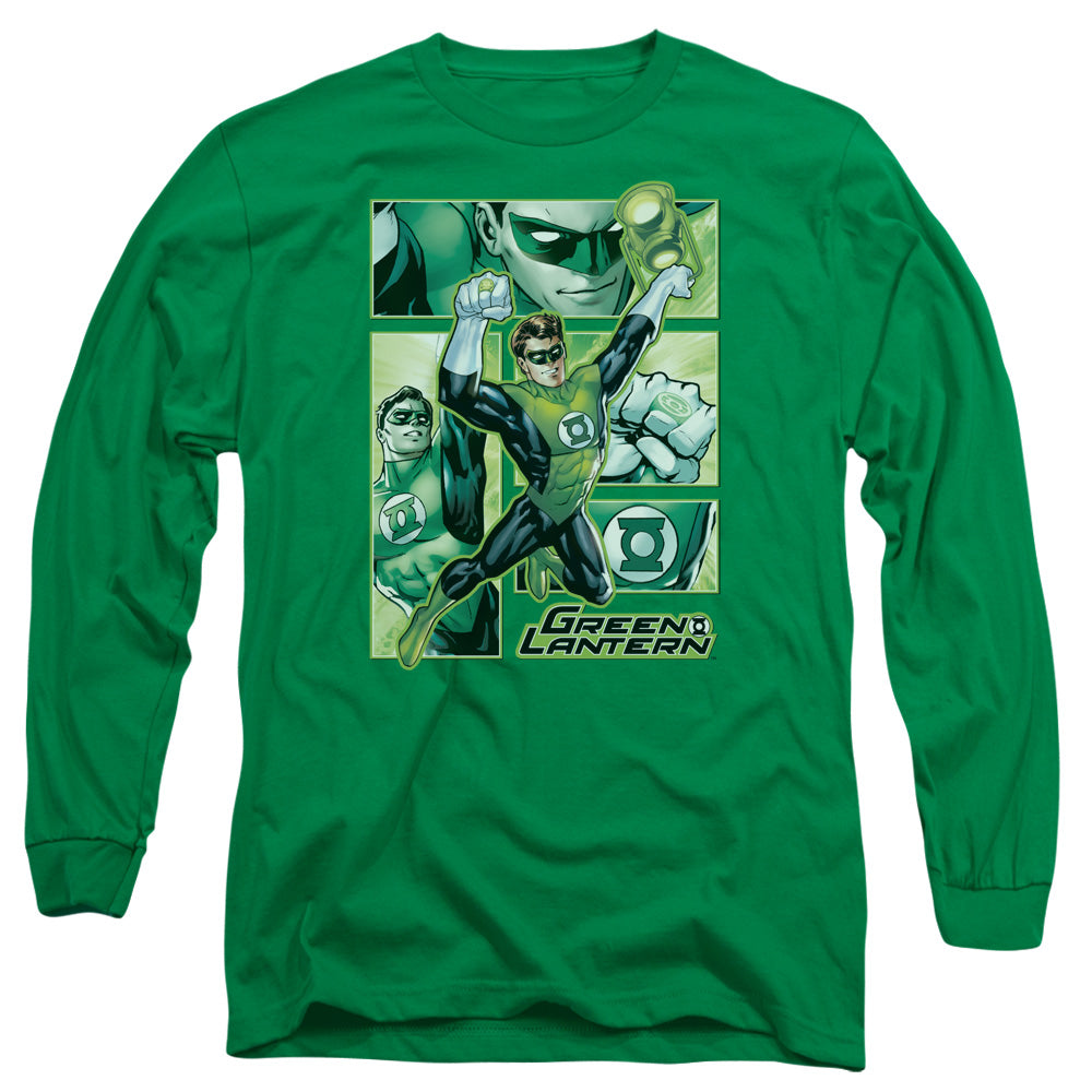 Justice League Green Lantern Panels Mens Long Sleeve Shirt Kelly Green