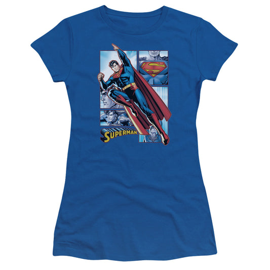 Justice League Superman Panels Junior Sheer Cap Sleeve Womens T Shirt Royal Blue