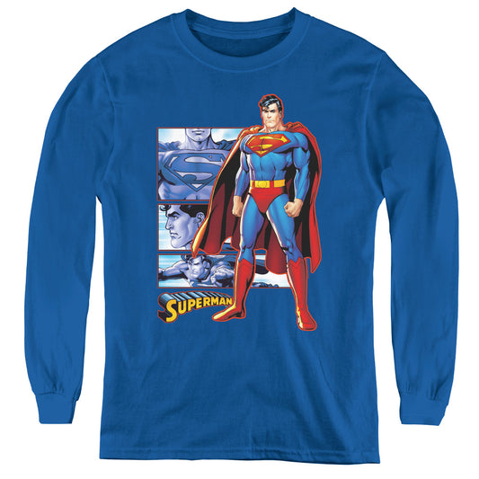 Justice League Superman Panels Long Sleeve Kids Youth T Shirt Royal Blue