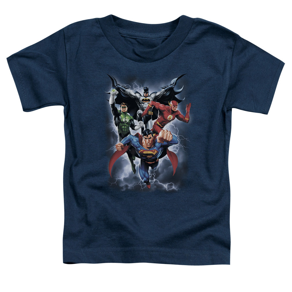 Justice League the Coming Storm Toddler Kids Youth T Shirt Navy Blue