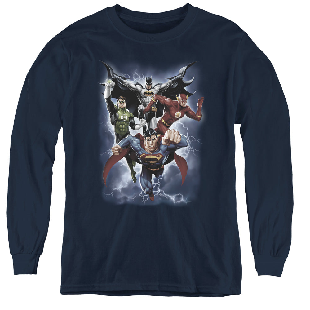 Justice League the Coming Storm Long Sleeve Kids Youth T Shirt Navy Blue