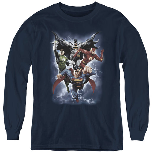Justice League the Coming Storm Long Sleeve Kids Youth T Shirt Navy Blue