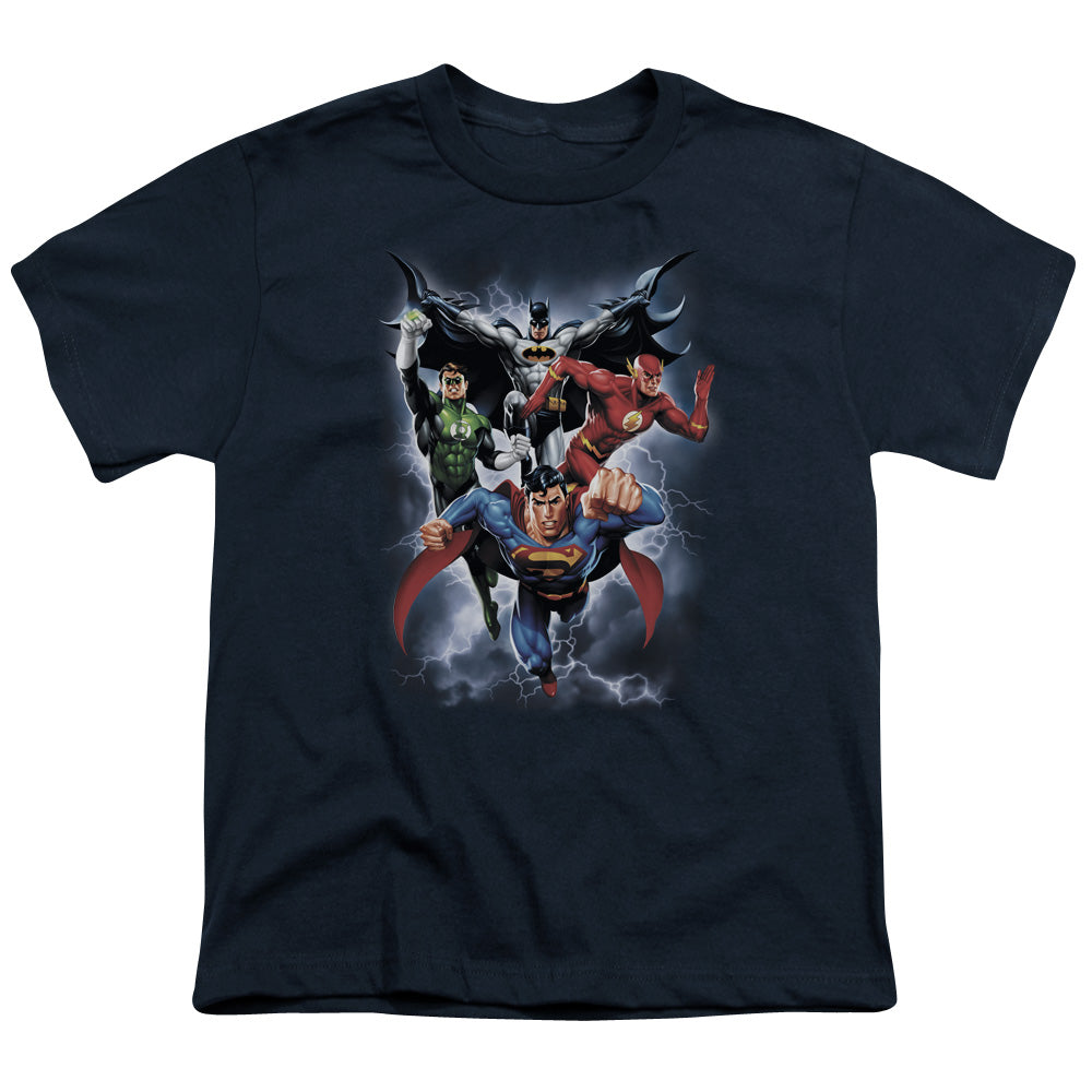 Justice League the Coming Storm Kids Youth T Shirt Navy Blue