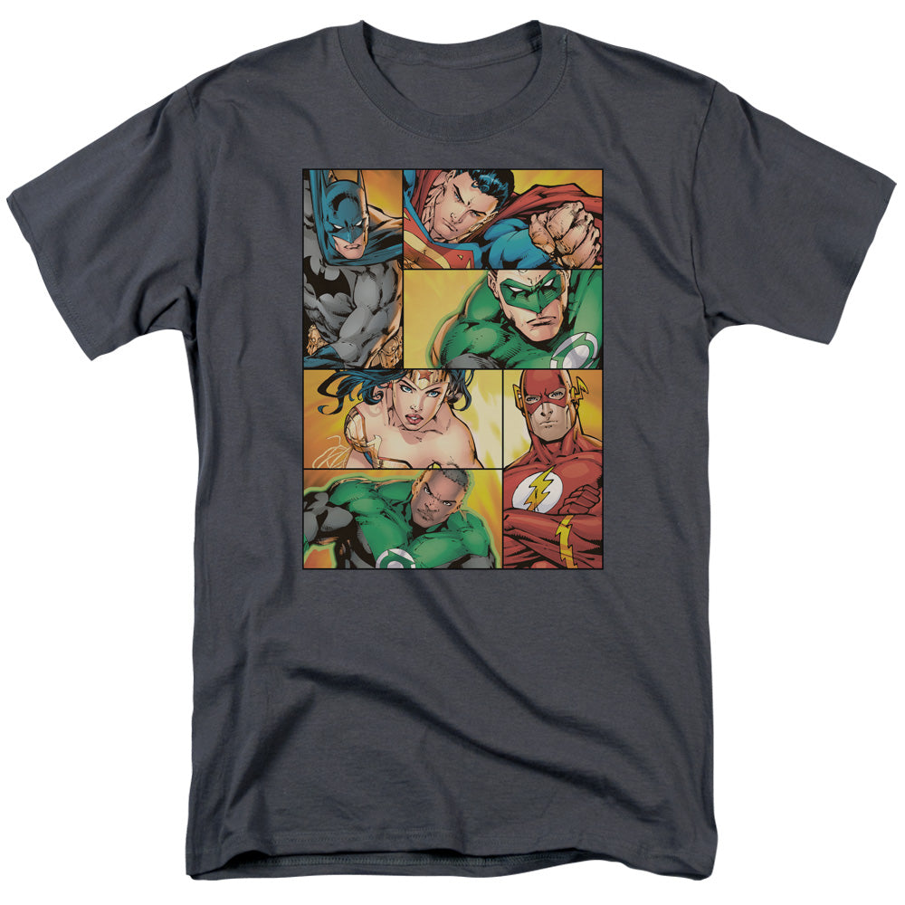 Justice League Hero Boxes Mens T Shirt Charcoal