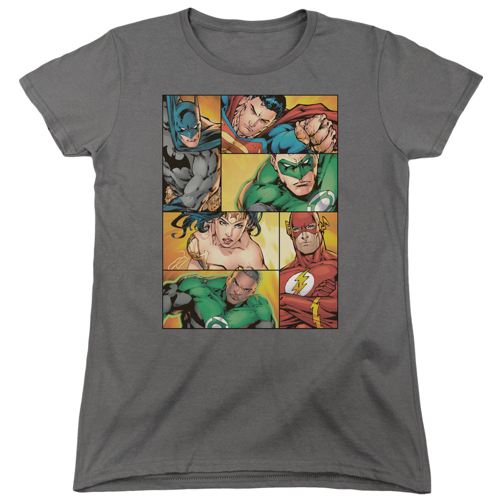 Justice League Hero Boxes Womens T Shirt Charcoal