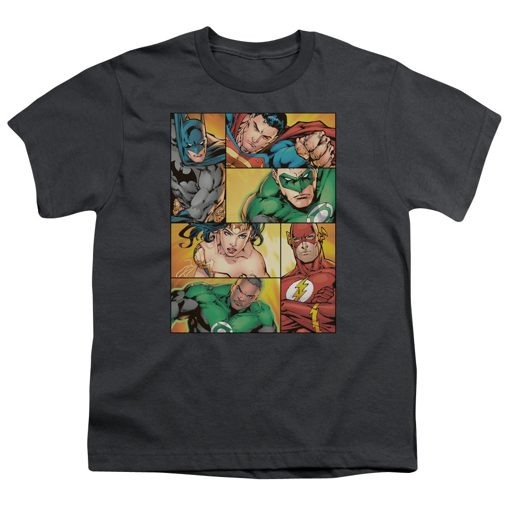 Justice League Hero Boxes Kids Youth T Shirt Charcoal