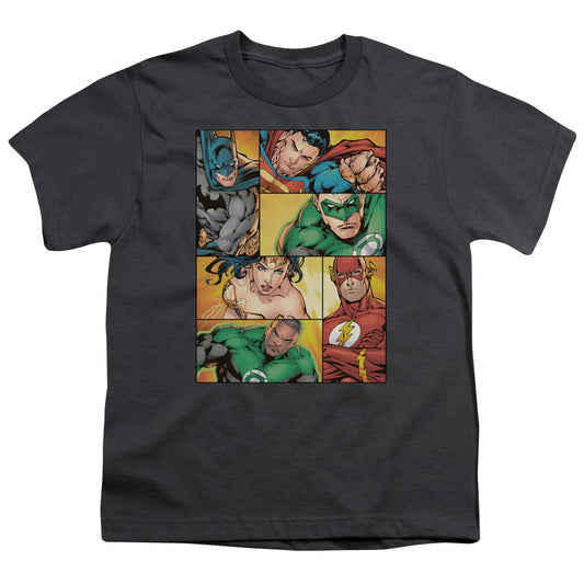 Justice League Hero Boxes Kids Youth T Shirt Charcoal