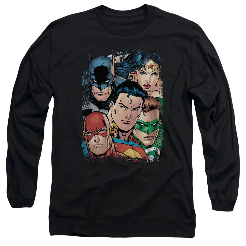 Justice League Up Close and Personal Mens Long Sleeve Shirt Black