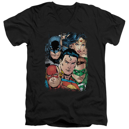 Justice League Up Close and Personal Mens Slim Fit V-Neck T Shirt Black