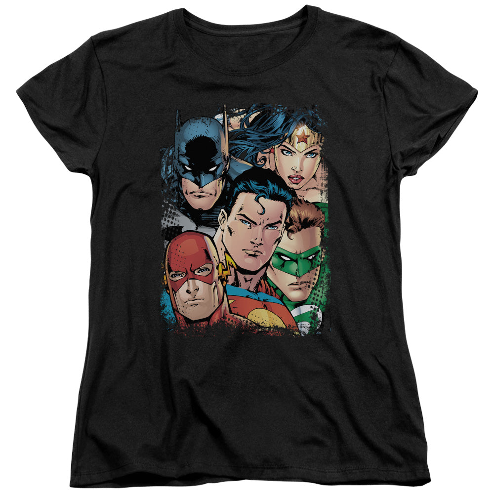 Justice League Up Close and Personal Womens T Shirt Black