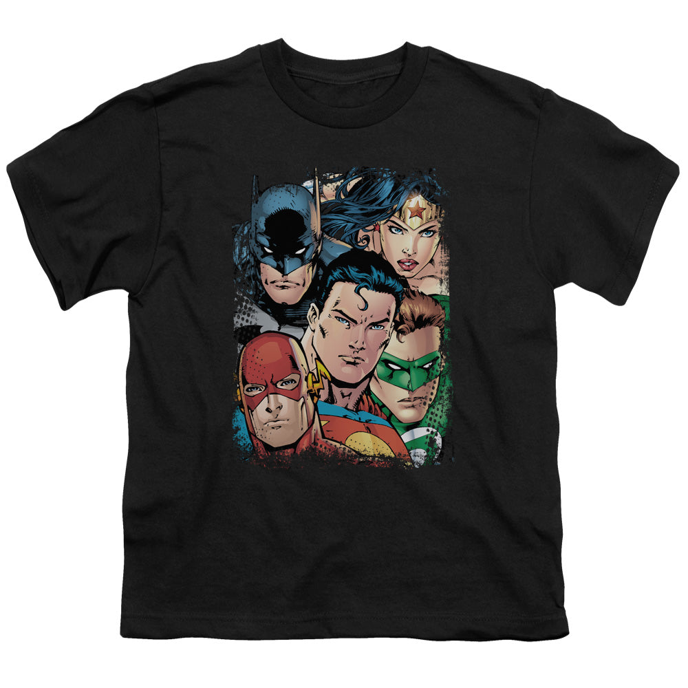 Justice League Up Close and Personal Kids Youth T Shirt Black