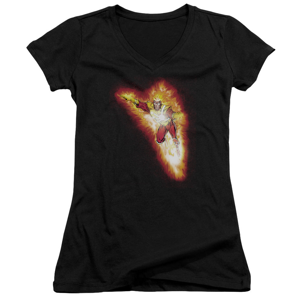 Justice League Firestorm Blaze Junior Sheer Cap Sleeve V-Neck Womens T Shirt Black