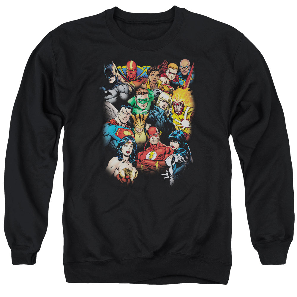 Justice League the League's All Here Mens Crewneck Sweatshirt Black