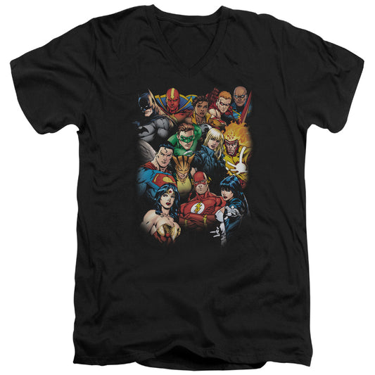Justice League the Leagues All Here Mens Slim Fit V-Neck T Shirt Black