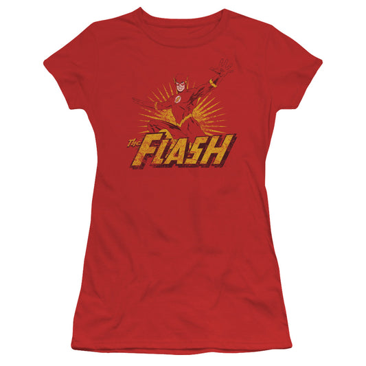 Justice League Flash Rough Distress Junior Sheer Cap Sleeve Womens T Shirt Red