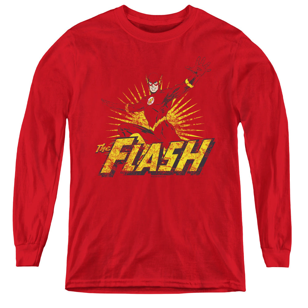 Justice League Flash Rough Distress Long Sleeve Kids Youth T Shirt Red