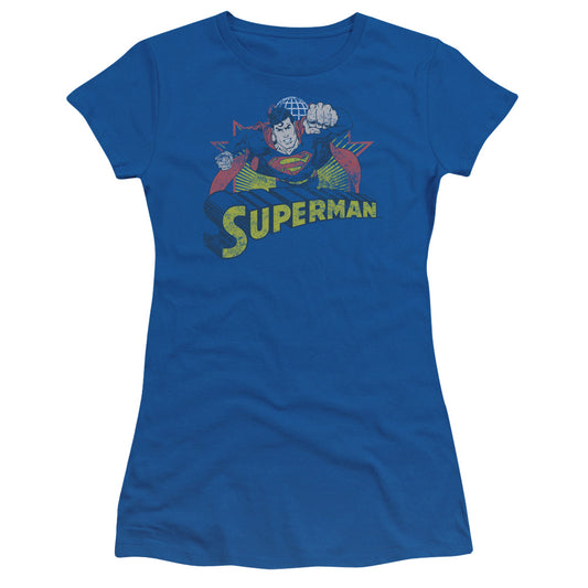 Justice League Superman Rough Distress Junior Sheer Cap Sleeve Womens T Shirt Royal Blue