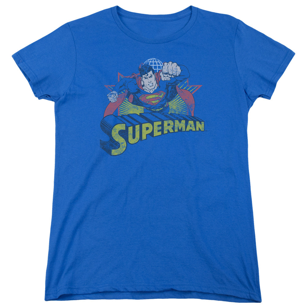 Justice League Superman Rough Distress Womens T Shirt Royal Blue