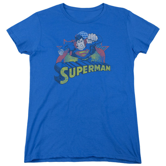 Justice League Superman Rough Distress Womens T Shirt Royal Blue