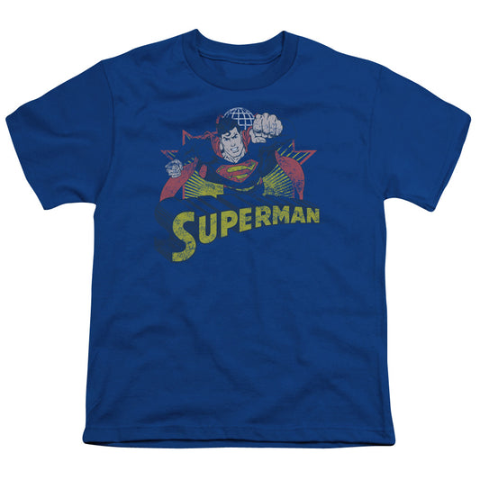 Justice League Superman Rough Distress Kids Youth T Shirt Royal Blue