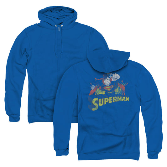 Justice League Superman Rough Distress Back Print Zipper Mens Hoodie Royal Blue