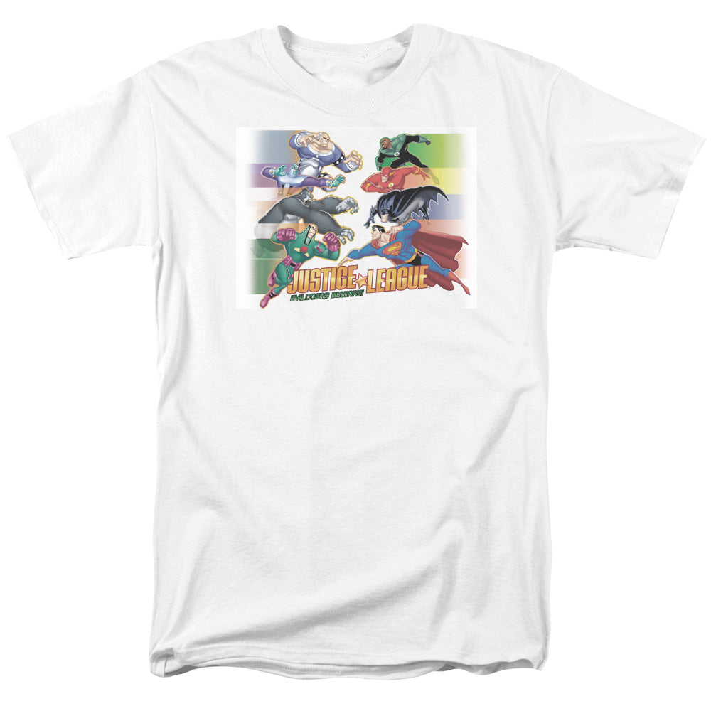 Justice League Evildoers Beware Mens T Shirt White