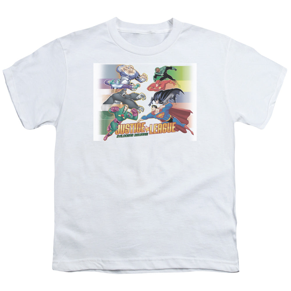 Justice League Evildoers Beware Kids Youth T Shirt White