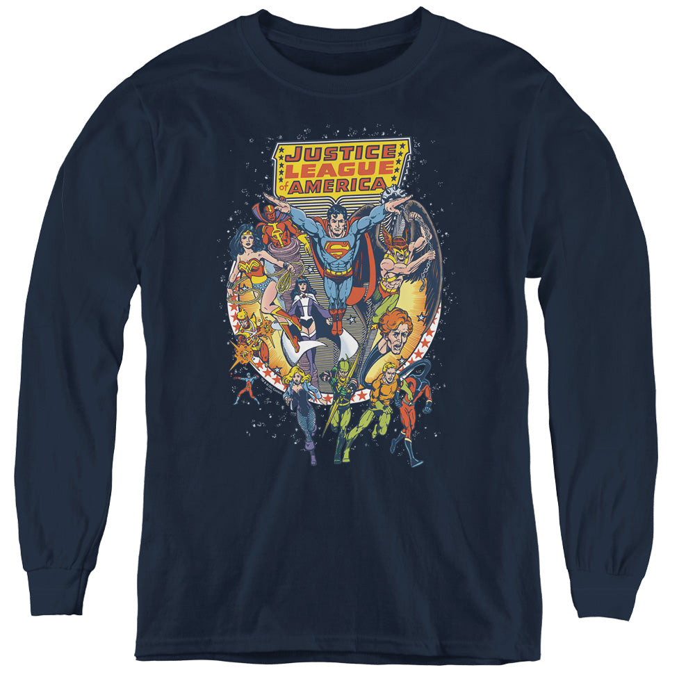 Justice League Star Group Long Sleeve Kids Youth T Shirt Navy Blue