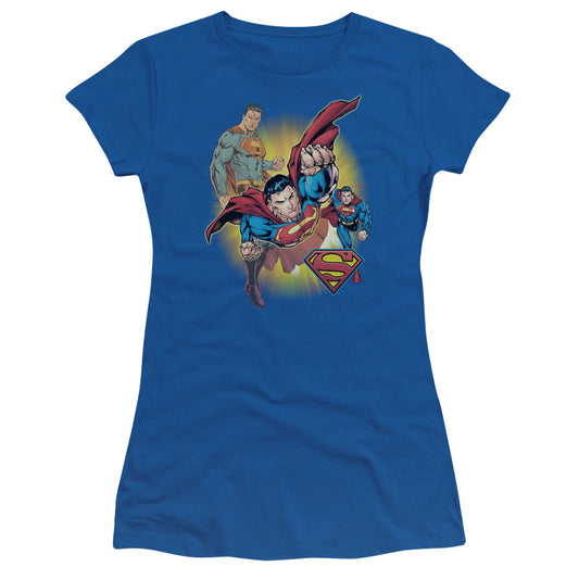 Justice League Superman Collage Junior Sheer Cap Sleeve Womens T Shirt Royal Blue