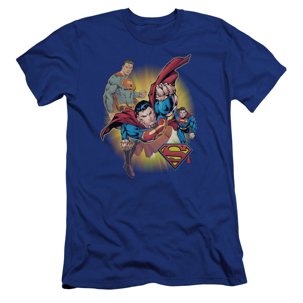 Justice League Superman Collage Premium Bella Canvas Slim Fit Mens T Shirt Royal Blue