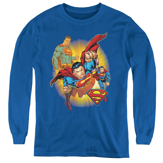 Justice League Superman Collage Long Sleeve Kids Youth T Shirt Royal Blue