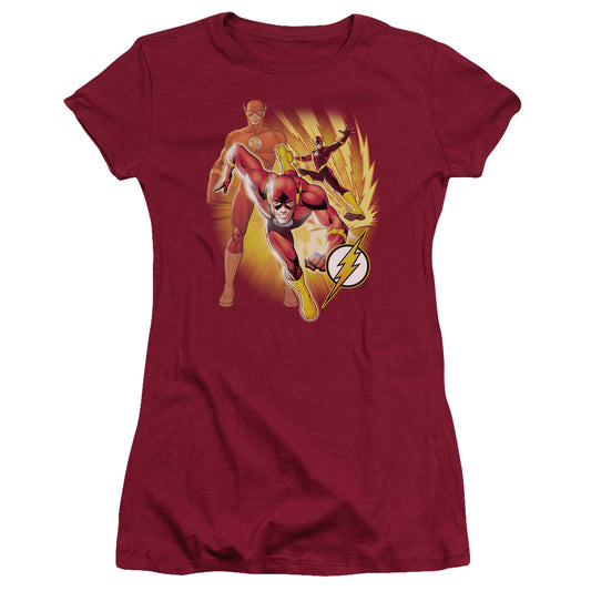 Justice League Flash Collage Junior Sheer Cap Sleeve Womens T Shirt Cardinal