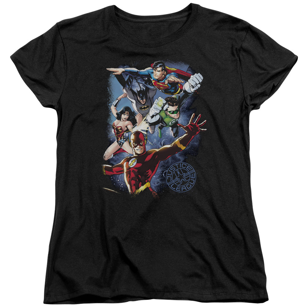 Justice League Galactic Attack Color Womens T Shirt Black