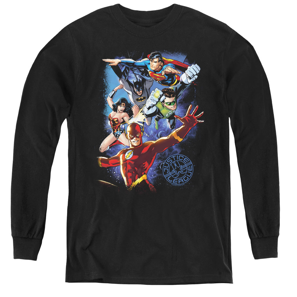 Justice League Galactic Attack Color Long Sleeve Kids Youth T Shirt Black