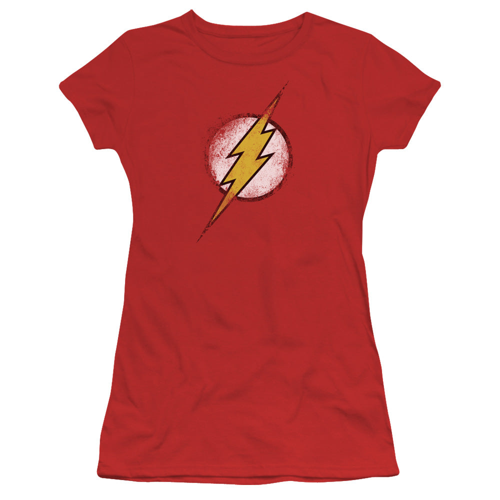 Justice League Destroyed Flash Logo Junior Sheer Cap Sleeve Womens T Shirt Red